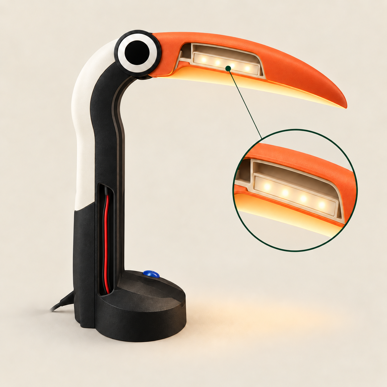 Illustrative Toucan Lamp cutaway showing a non-glowing wire in the stalk and the light source only inside the beak